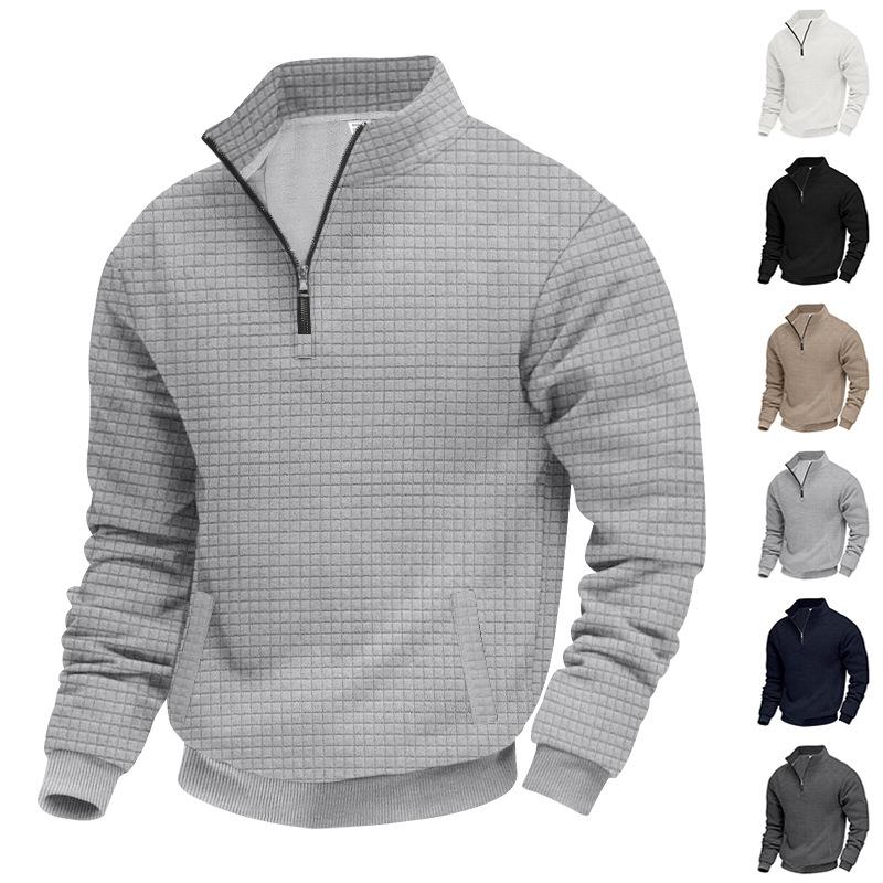 Half-zip Sweatshirt for Men Autumn/Winter Jacquard Small Check Pattern Stand-up Collar Casual Pullover Large Size Sweatshirt