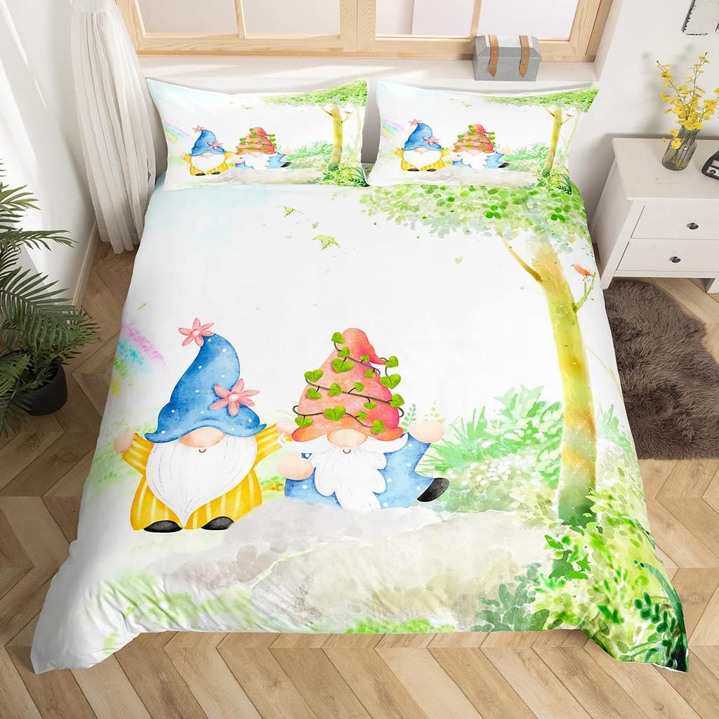 Purple Lavender Dwarf Duvet Cover King Queen Kawaii Cartoon Gnome Bedding Set Spring Flowers Comforter Cover Floral Quilt Cover