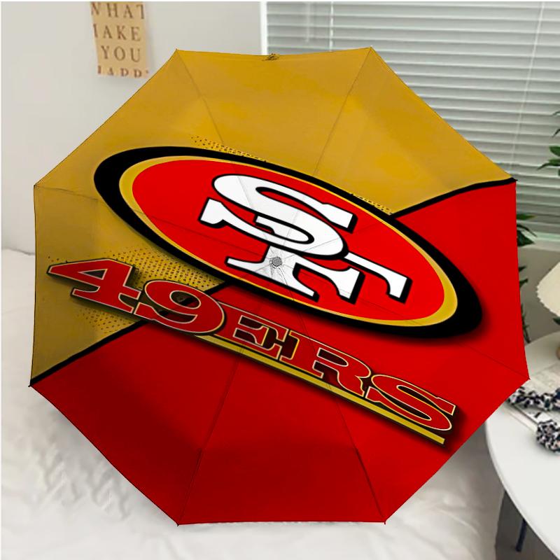 San Francisco 49ers LOGO Print Automatic Umbrella, 8 Rib Iron Frame, Plastic Handle, Suitable for Outdoor Travel &Daily , Ideal Gift