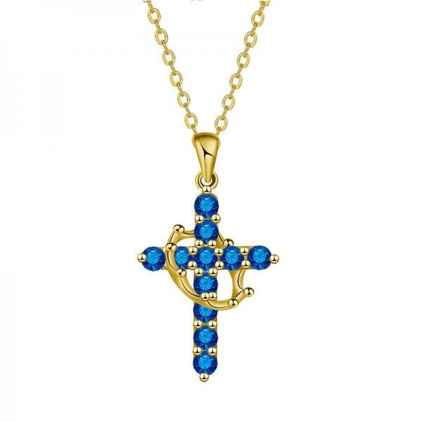 Rotatable Crown Rhinestone Birthstone Zircon Cross Choker Pendant Necklace for Women Cross Chain Christian Jewelry Prayer Gift