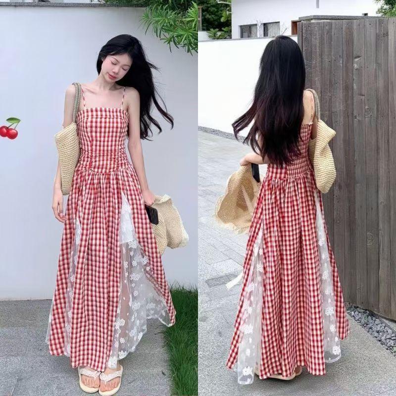 French Summer Plaid Retro Tube Top Dress Temperament New Waist Splicing Skirt Slim Long Skirt