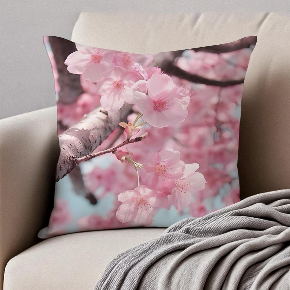Beautiful Cherry Blossoms Cushion Cover Pillowcase Antidustmite Invisible Zipper Short Plush Sofa Cushion