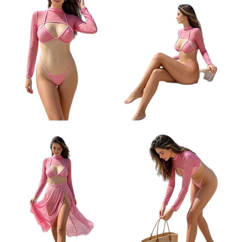 Conjunto de Bikini Negro de Lunares para Mujer con Cubrebañador de Manga Larga