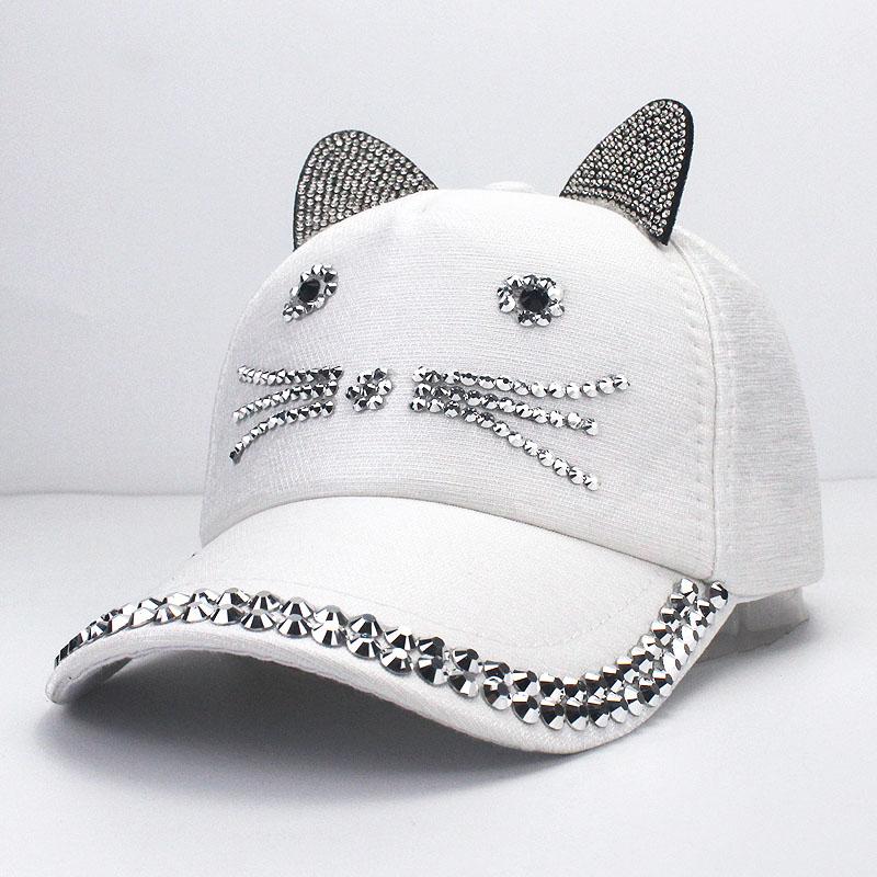 Dětská Dívčí Čepice s Diamantovou Inkrustací Jednoduchá Jednobarevná Baseballová Čepice Dámská Nastavitelná Ležérní Outdoorová Streetwear Móda Kočičí Klobouk