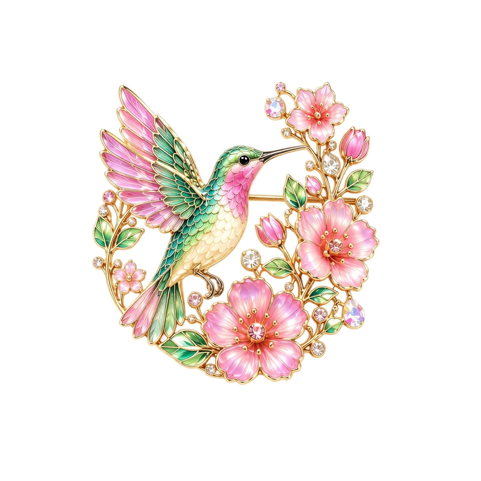 Hummingbird Floral Brooch Pin with Enamel Detailing and Crystal Accents for Clothing Accessories Jewelry Decoration One Size