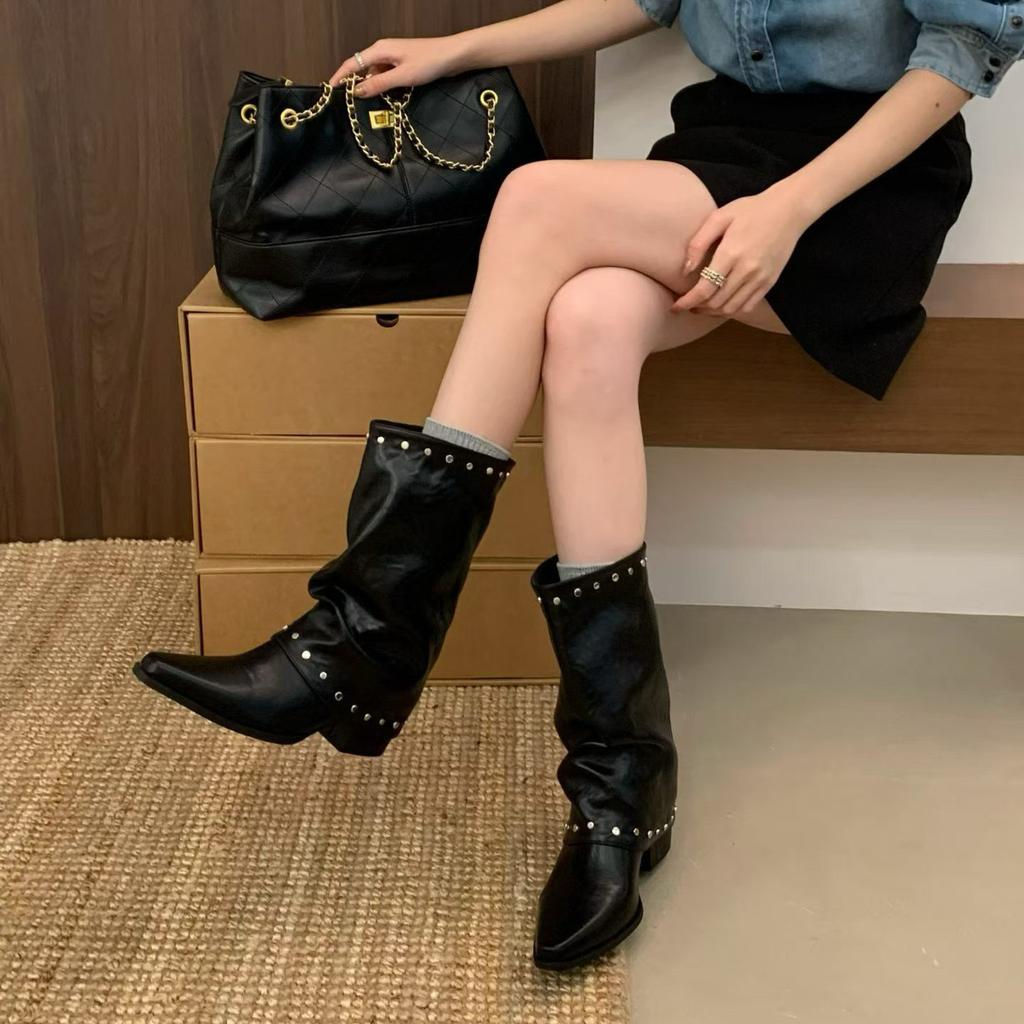 Black pointed western cowboy boots women's trouser boots autumn new short thick heel stacked boots leather boots