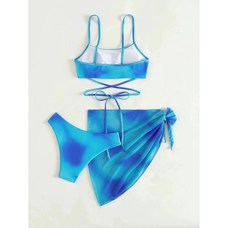 Sexy Gradient Tie-dye Bikini Women Solid Halter Cross Cover Up Skirt 3 Piece Swimsuit Bathing Suit Swimwear