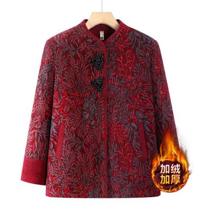 Medium-sized Elderly Coat Women's Spring and Autumn Woolen Old Lady Winter Clothing Plush Thickened Top Elderly Clothes
