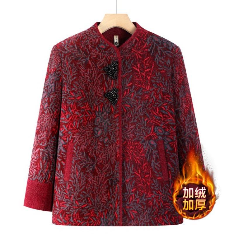 Coat Women's Spring and Autumn Woolen Old Lady Winter Clothing Plush Thickened Top Elderly Clothes