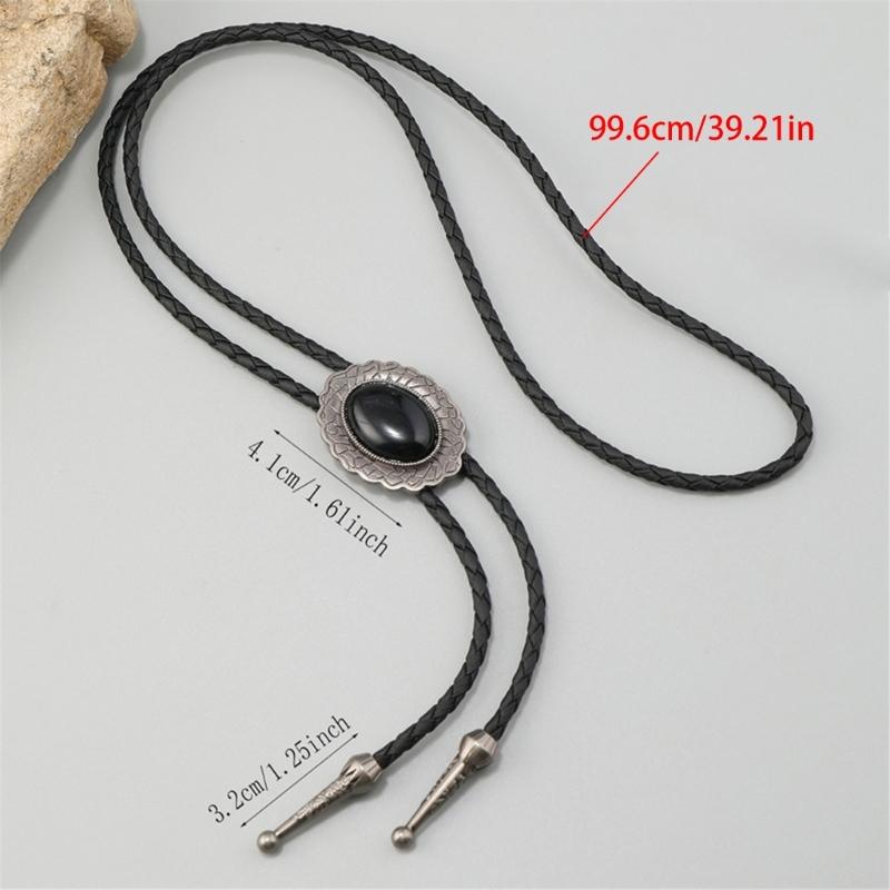 Men's Adjustable Western Bolo Tie Necklace with Antique Black Stone Pendant Charm Leather Cord Necktie Jewelry Accessory