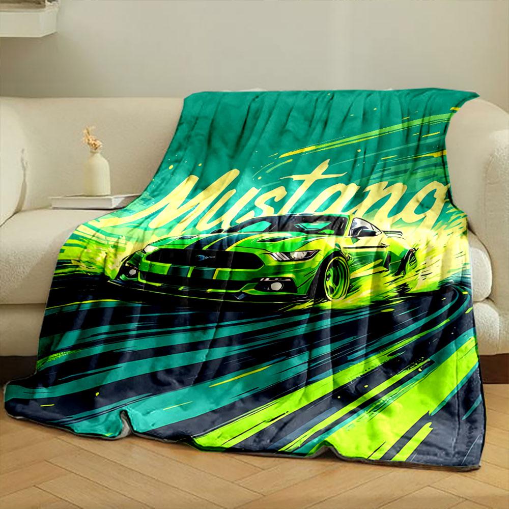 Green Mustang Drifting with Dynamic Streaks and Bold Typography Design. for All Seasons Blanket Lunch Break Throw Gift