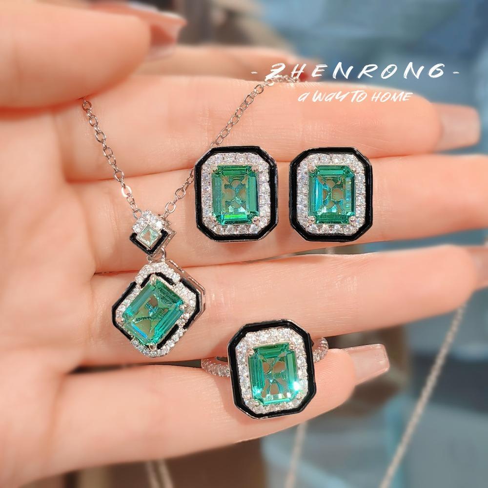 Women Jewelry Set Simulated Paraiba Princess Cut Green Diamond Ring Black Enamel Earrings Necklace