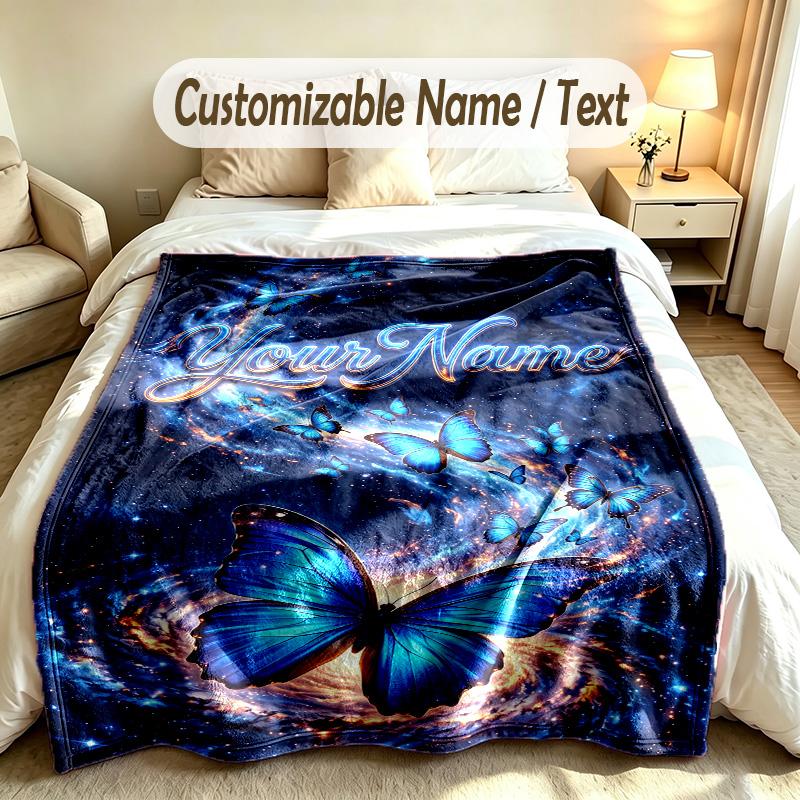 Butterfly Theme Soft Blanket Personalized Custom Name Text Print Warm Blanket Home Sofa Bedroom Decor