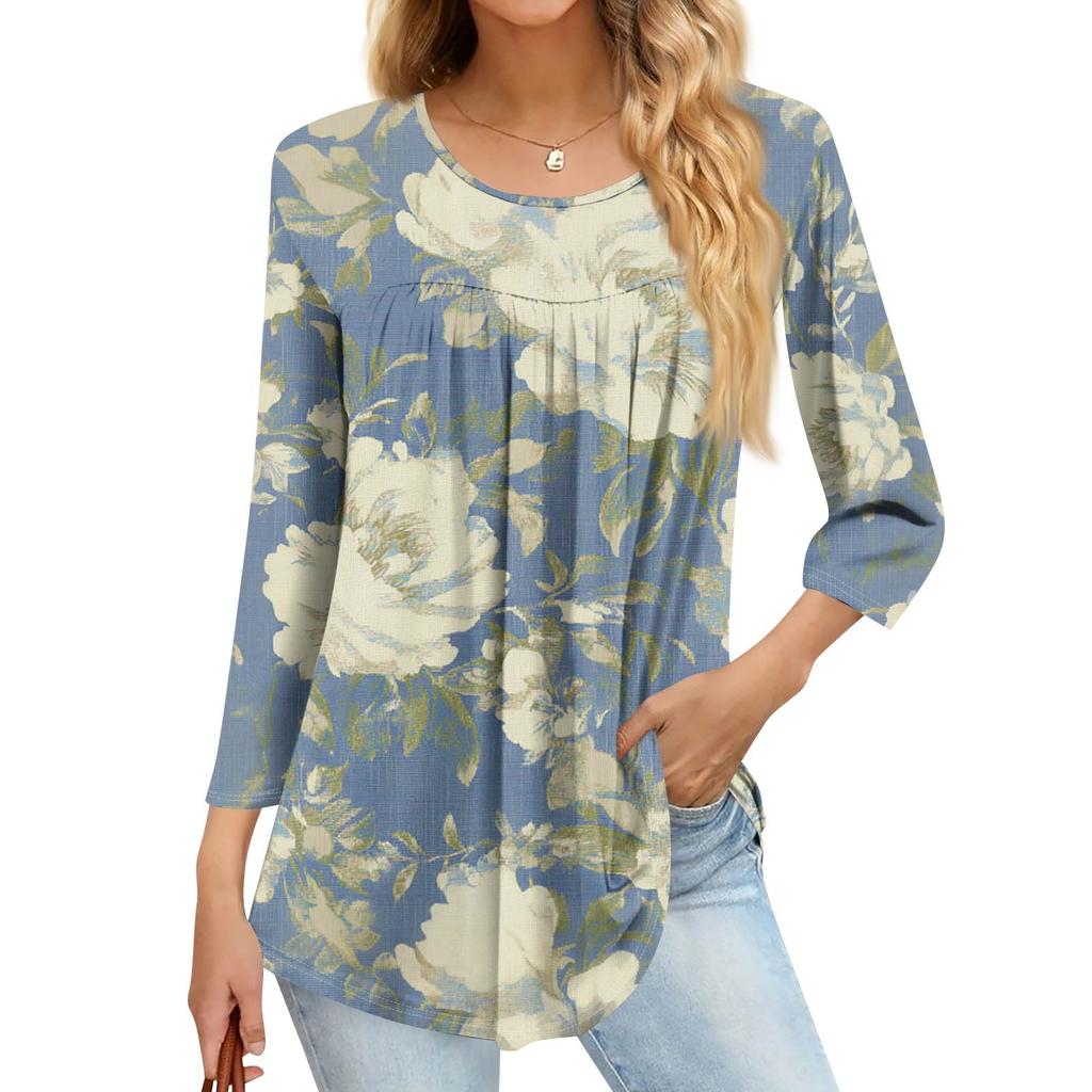 Women's Fashion Casual Three-quarter Sleeve Printing Round Neck Top