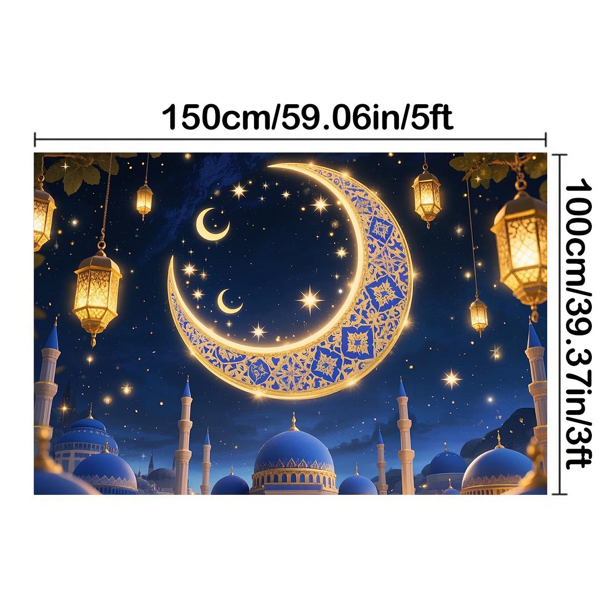 

Синий и золотой баннер для праздника Ид аль-Адха с мечетью, фонариками, луной, звездами для дома, студийной фотографии, культурных фестивалей и праздничных принадлежностей 150*100cm/59*39in