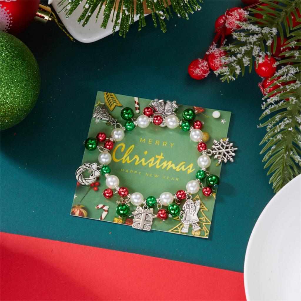 Christmas Tree Santa Claus Snowman Beaded Bracelets Trendy Snowflake Wreath Sock Red Green Bells Bangles For Women Men Jewelry