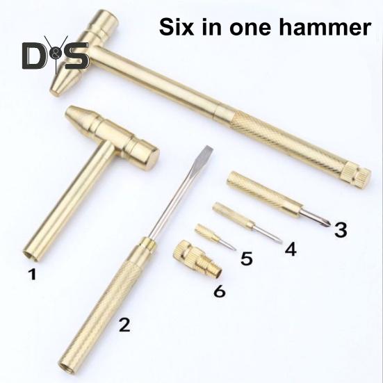 6-in1 Small Hammer with 3 Screwdriver Heads Compact Design Portable Brass Hammer Screwdriver Multifunctional Tool