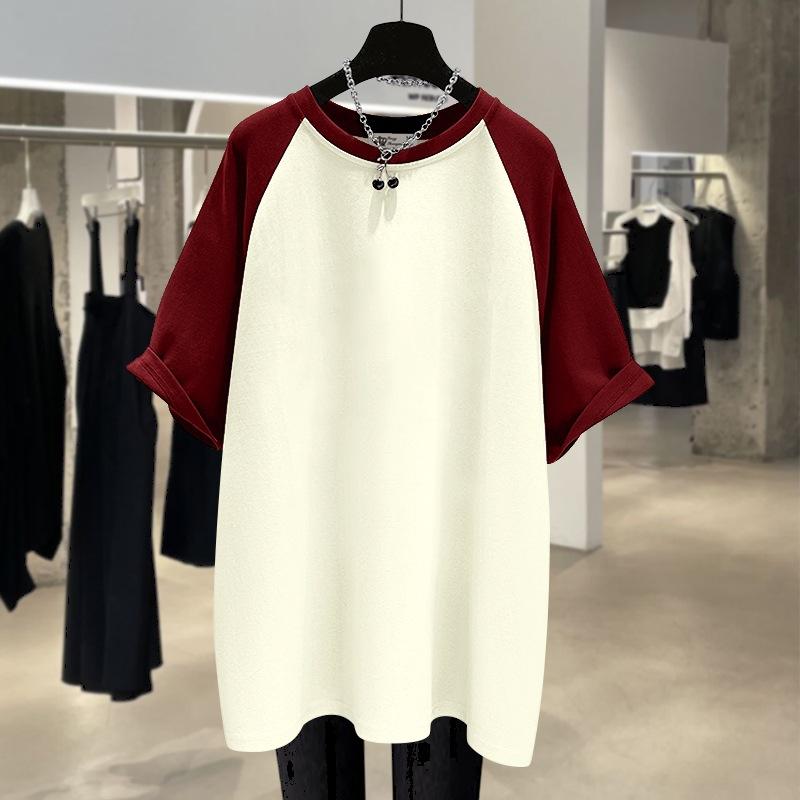 220g Pure Cotton Summer New Large Version Loose Contrasting Rag-sleeved Short-sleeved T-shirt for Women