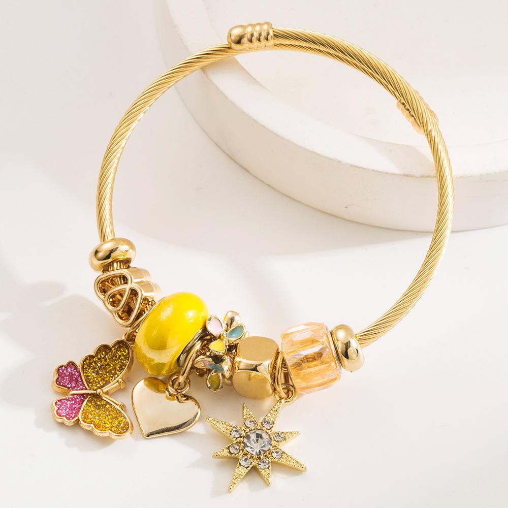 Beaded Stainless Steel Bracelet with Oil Drip Butterfly Inlaid Diamond Hexagram Pendant, Trendy Fashion Friendship Bracelet