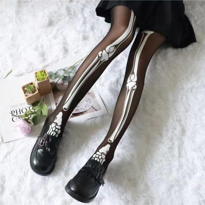 Women's Stockings Sexy Thin Black Thin Leggings Halloween Skeleton Silk Tights  Skull Print Pantyhose Cosplay Party