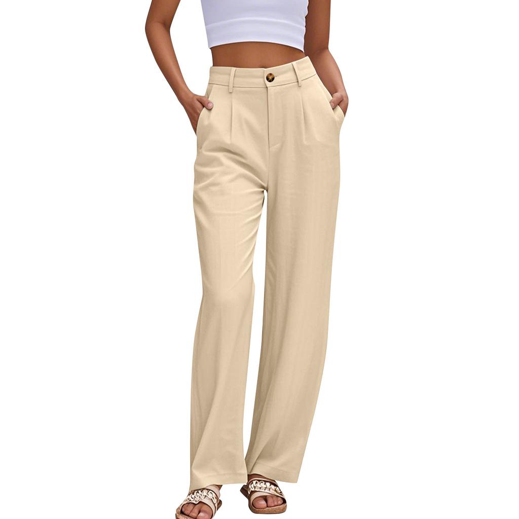 Women's Linen Casual High Waist Wide Leg Straight Dress Cotton Linen Pants Button Trousers
