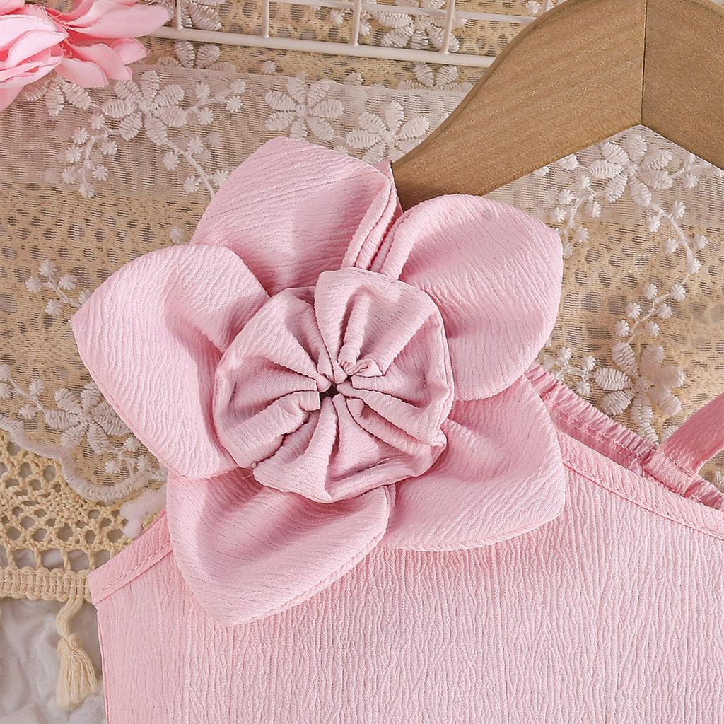 Summer New Style Asymmetrical Shoulder Strap Floral Top + Solid Color Lace Flared Pants Two-Piece Set Children's Clothing