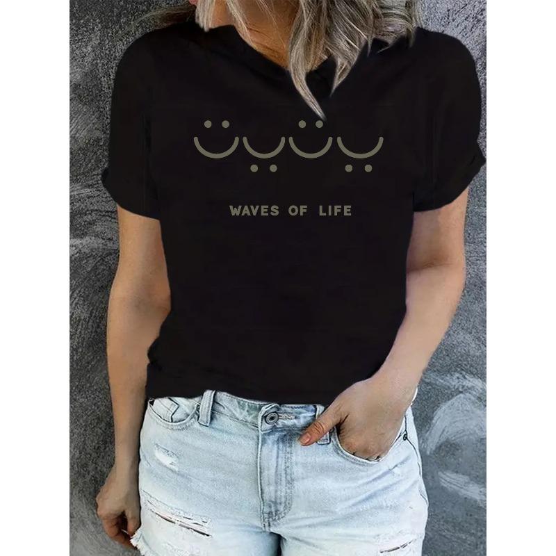 Women's Casual Crew Neck T-Shirt with Letter Print - Soft Polyester, Machine Washable