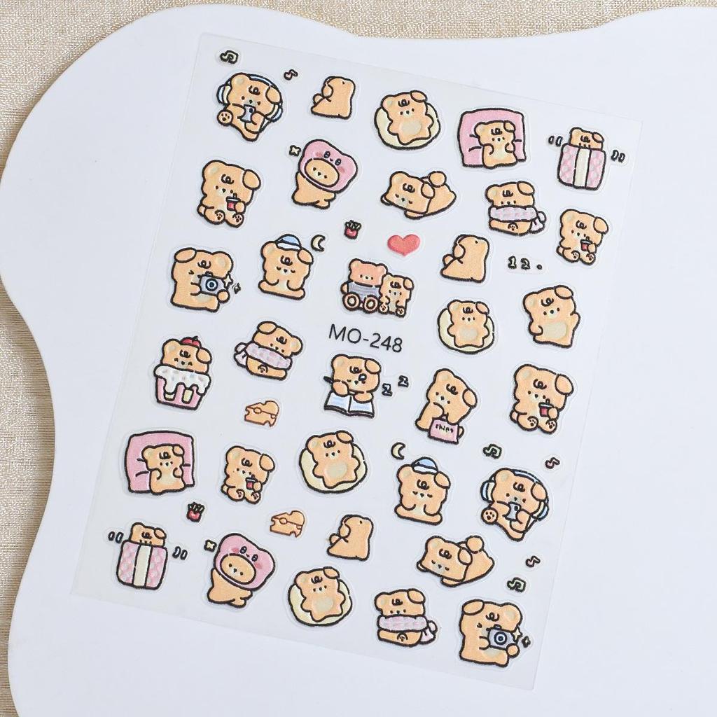 Cute Bear and Ice Cream 3D Embossed Nail Stickers with Hearts