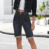 Women's Denim Shorts High Waist Mid Length Jean Shorts with Front Pockets and Rolled Hem Casual Summer Bottoms