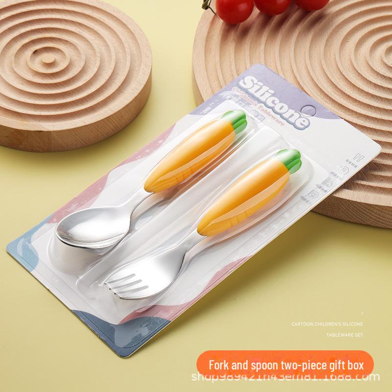 Carrot-Themed Silicone & 304 Stainless Steel Kids' Tableware Set: Spoon, Fork, and Chopsticks for Baby Food