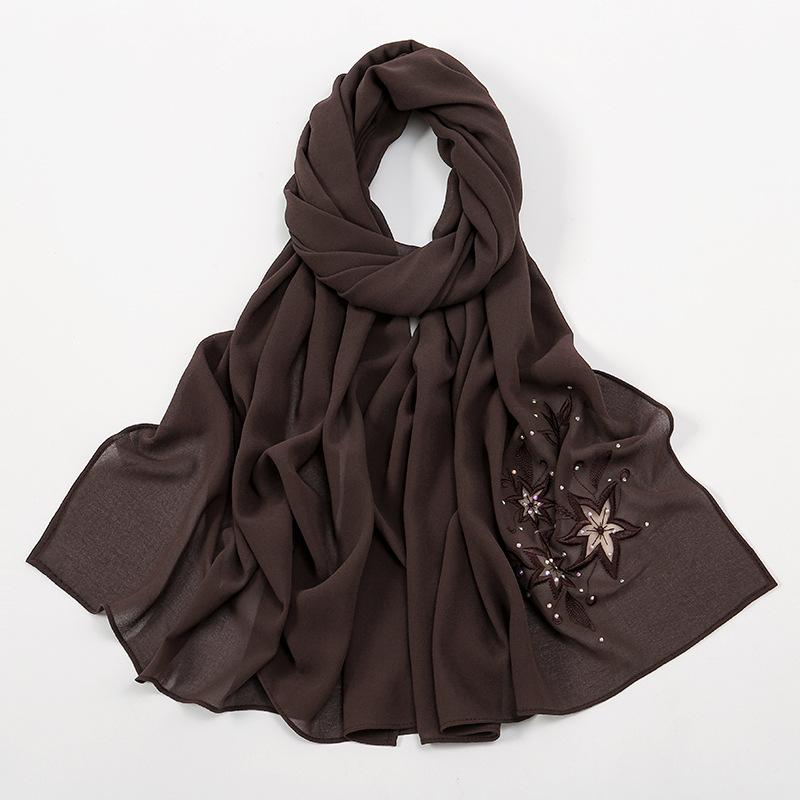 Malaysia and Indonesia hot-selling new chiffon embroidery hot diamond solid color headscarf women, simple and versatile large size long towel