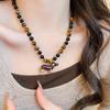 Women Stylish Choker Necklaces Natural Tiger Eye Stone Enamel Cartoon Dachshund Dog Pendant Beaded Strand Sweet Jewelry