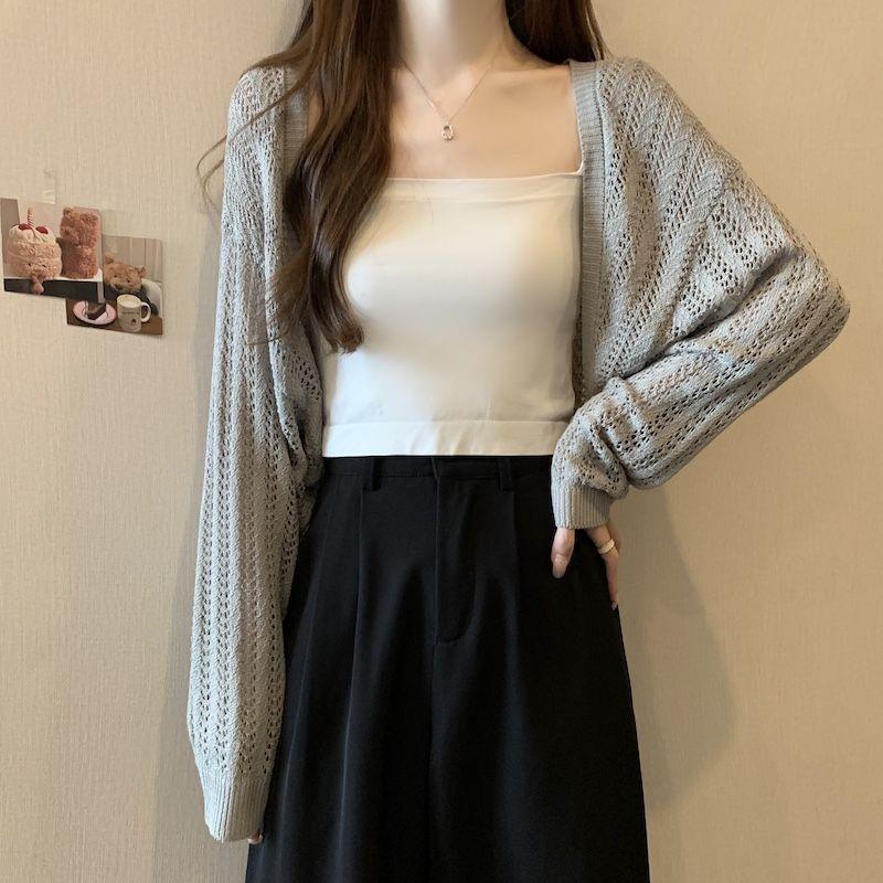 

Women s Hollow-Out Knitted Cardigan - Lightweight, Loose-Fit, Long-Sleeve Sun Protection Shawl for Spring & Summer One Size [80-130]