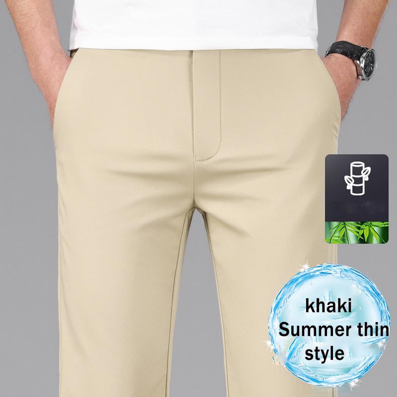 

2025 Весна и лето Тонкие мужские повседневные брюки из бамбукового волокна Ice Silk Stretch High End Business Sunscreen Прямые длинные брюки-трубы 4XL хаки