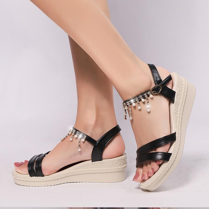 

Large Size High Heel Sandals Female Summer Rhinestone Buckle Slope Heel Fish Mouth Lightweight Non-slip Comfort Casual Shoes 42 чорний