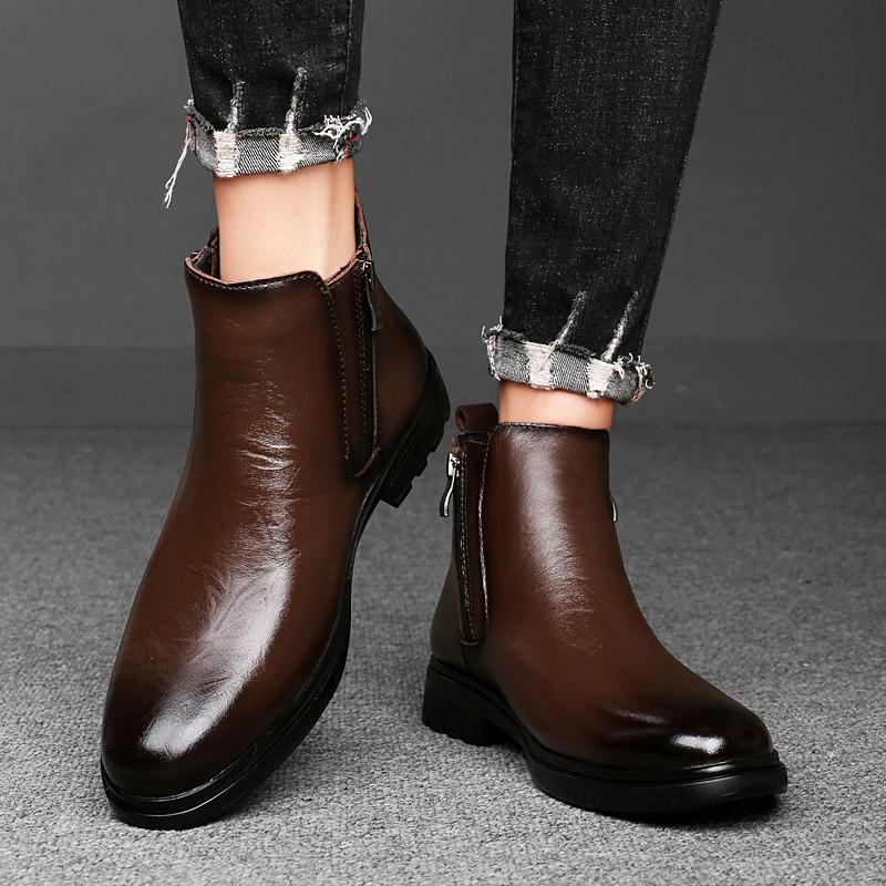 High Quality Genuine Leather Chelsea Men's Boots Pointed Low Heel Brand Men's Boots Show Business Formal High Top Leather Shoes