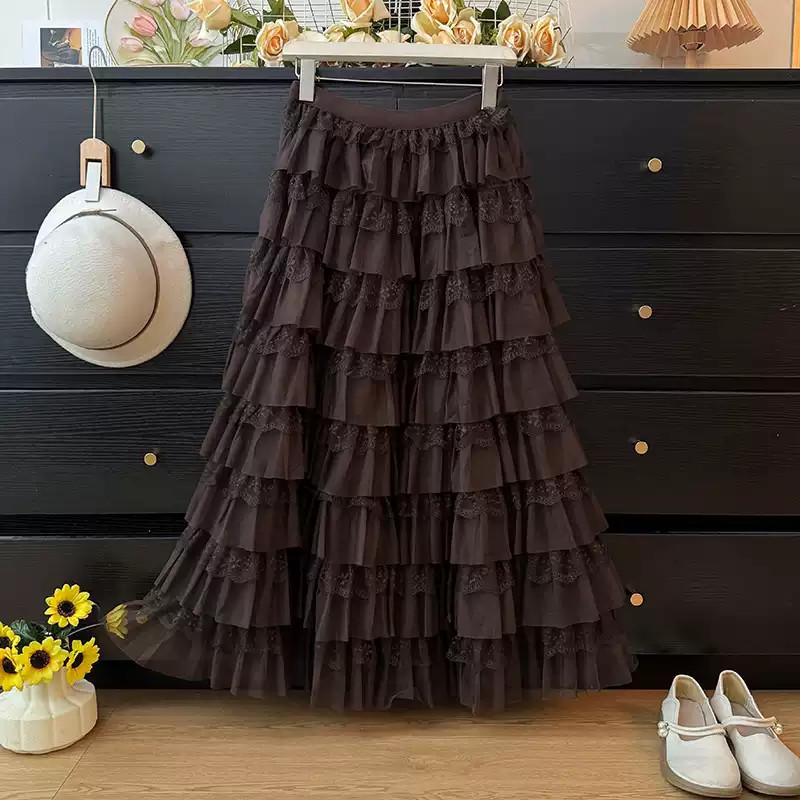 Tulle Ruffle Tiered Maxi Skirt French Romantic Floral Lace Hem Fluffy Full Swing Cake Skirt for Women Autumn QT2968