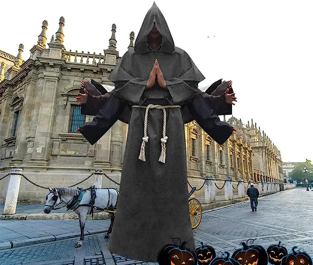 Mittelalterliche Mönchshaube Umhang Zauberer Priester Kostüme Halloween Robe Zauberer Ritter Umhang Erwachsener Teenager Outfit Party Requisiten Set