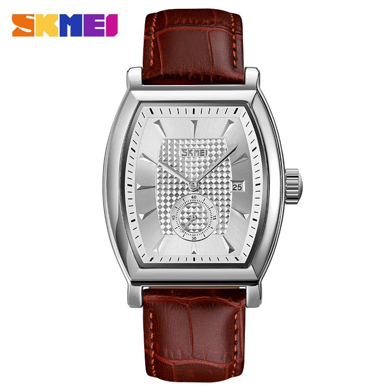 

skmei модные мужские кварцевые часы в форме бочки для вина, календарь, кожаный ремешок, деловые ветрозащитные часы, подлинные