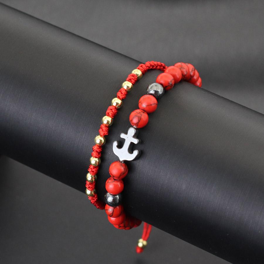 2pcs Double Layer Black Beads Anchor Bracelet Men Hand Rope Braided Lucky Red Rope Women Personalized Student Couple Bracelet