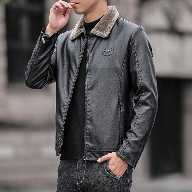 New Leather Jacket for Men Windproof Breathable Motorcycle Coat Thin Fur Collar Fleece Korean Fashion Street Wear Male