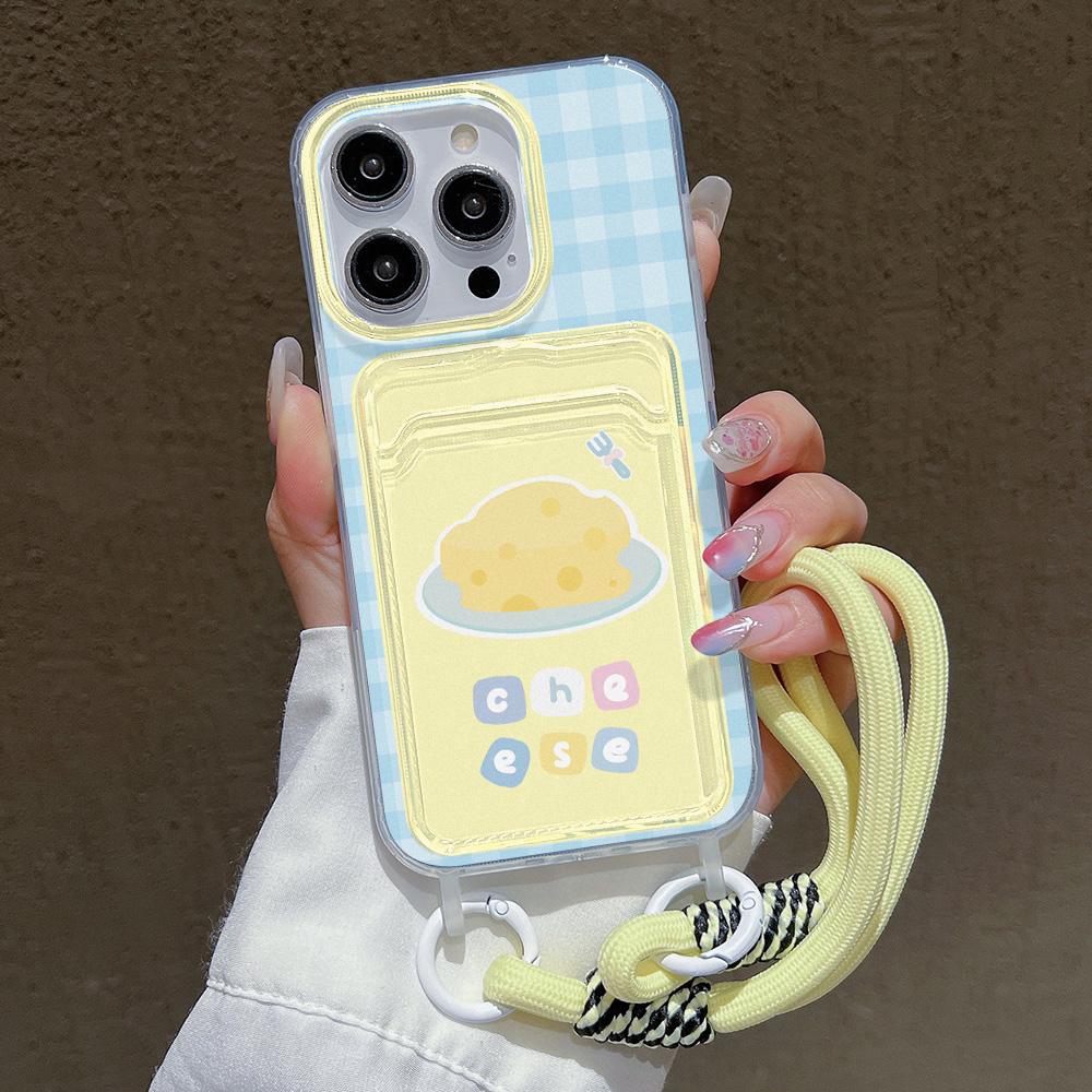 Cute Cheese Card Slot Bag Holder Phone Case For iPhone 15 16 Pro 13 11 12 14 Pro Max XR XS X 7 8 Plus SE  Lanyard Soft Cover