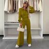 women's Solid Color Collared Long Sleeve Blouse High Waist Wide Leg Flare Pants 2 Piece Casual Tracksuit Set