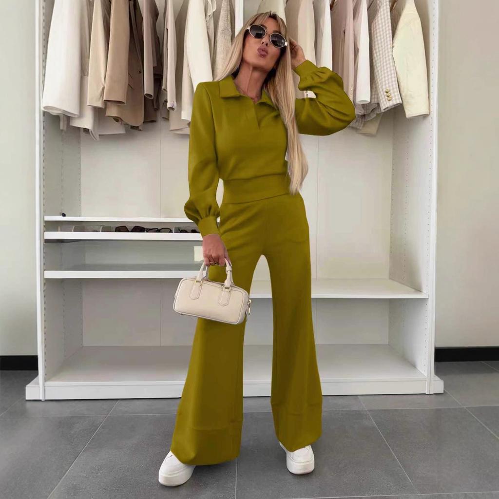 women's Solid Color Collared Long Sleeve Blouse High Waist Wide Leg Flare Pants 2 Piece Casual Tracksuit Set