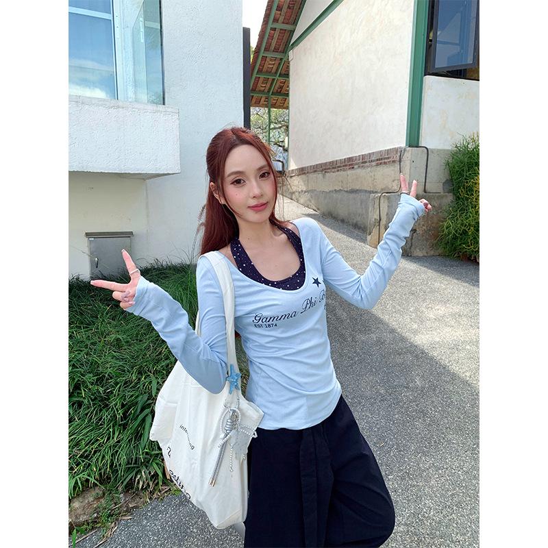 

Guangzhou Thirteen Hongs Girl Style Halter Layered Letter Print Two-Piece T-shirt Set One Size светло-синий