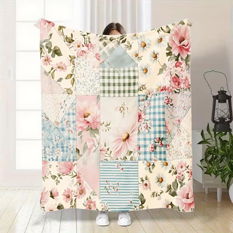 Vintage Floral Patchwork Blanket - Elegant Rose and Peony Print, Soft Fleece Fabric All-Season Bed Sofa Camping Travel Throw