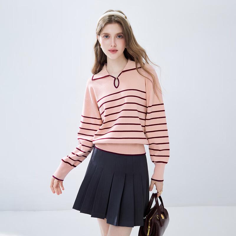 Qiushuiyiren Women's Striped Turn-Down Collar Knit Sweater