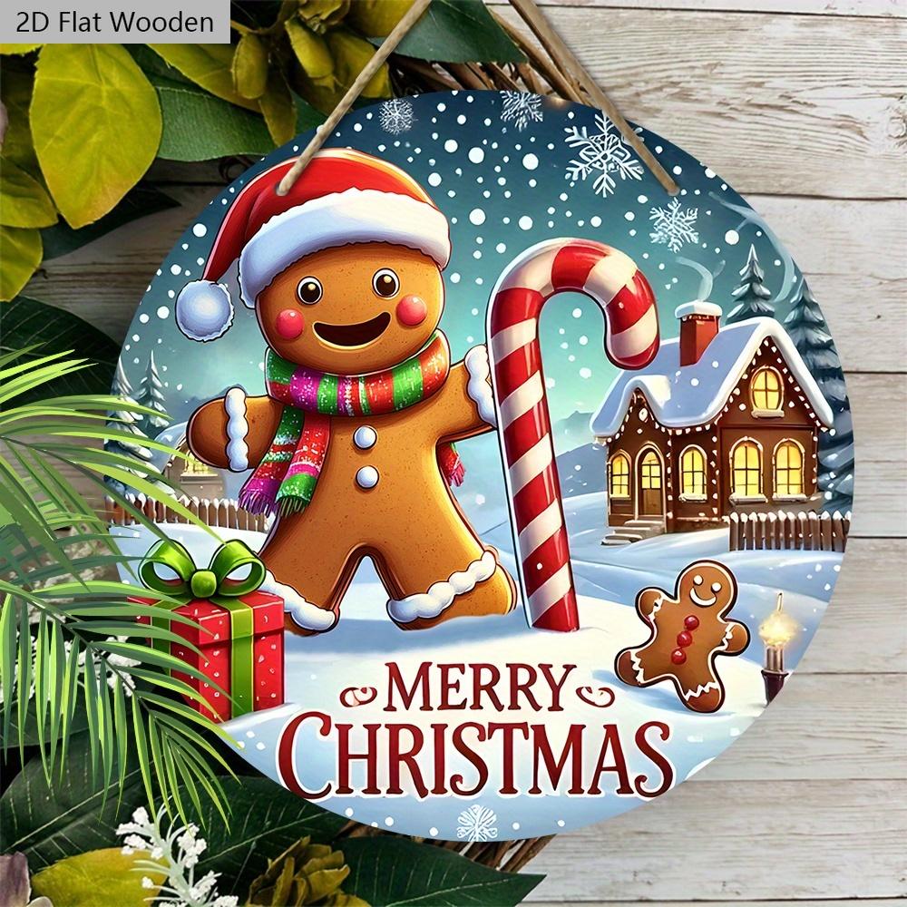 Rustykalny Świąteczny Drewniany Znak ze Wzorem Piernika - Wesołych Świąt Okrągły Znak na Drzwi Wejściowe, Dekoracja Ścienna - Idealna Dekoracja Świąteczna