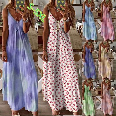 Mode Frauen Sexy Plus Größe Tie-Dye-Druck Ärmelloses V-ausschnitt Leibchen Langes Kleid