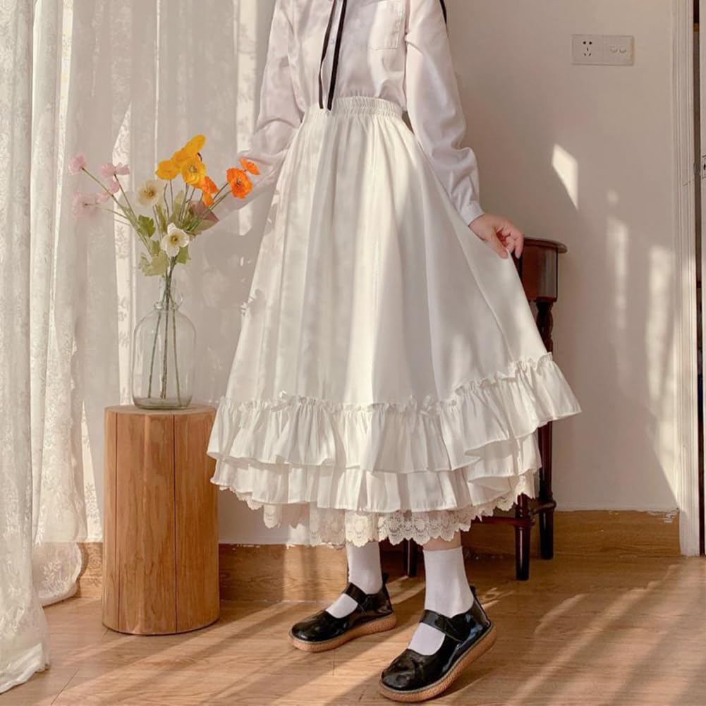 Girls Fluffy Lolita Flared High Waist Lace Large Size Elastic School Skirt Cosplay Classical Princess School Style Everyday Wear Plain [KANO SEIKA]